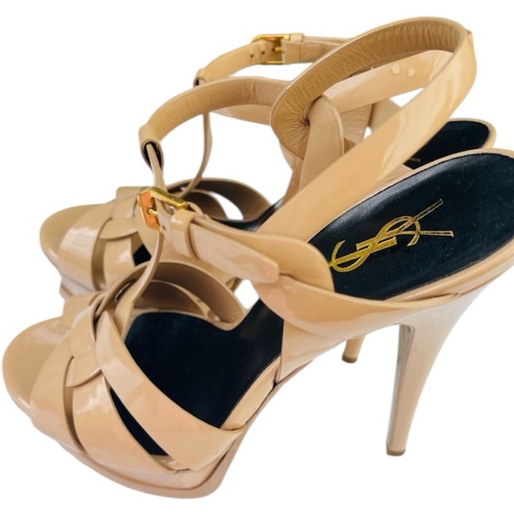 YSL Tribute Patent Leather Sandals Nude Beige Heels 38 - Picture 4 of 11